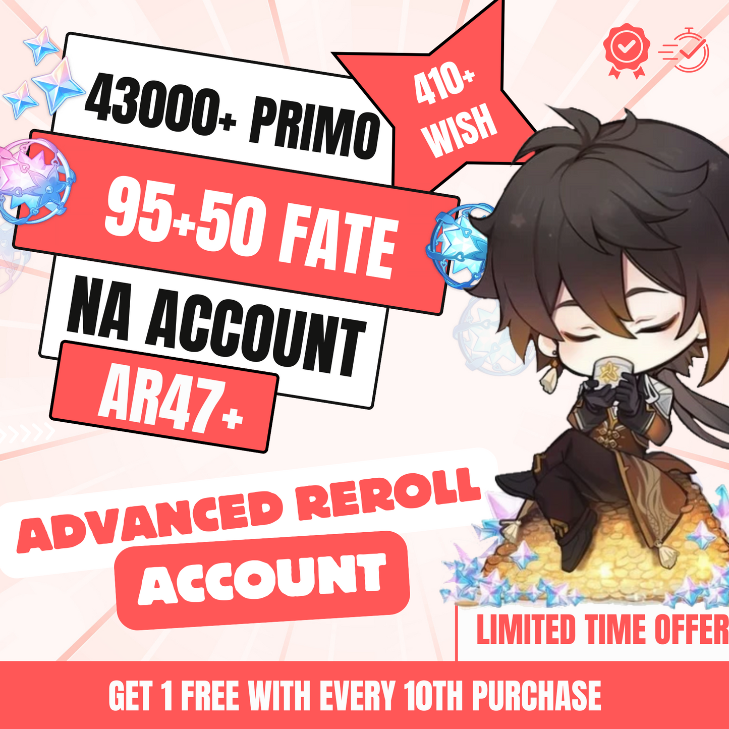 Genshin Impact Advanced Reroll – 43K Primogems, AR47+ | NA Server