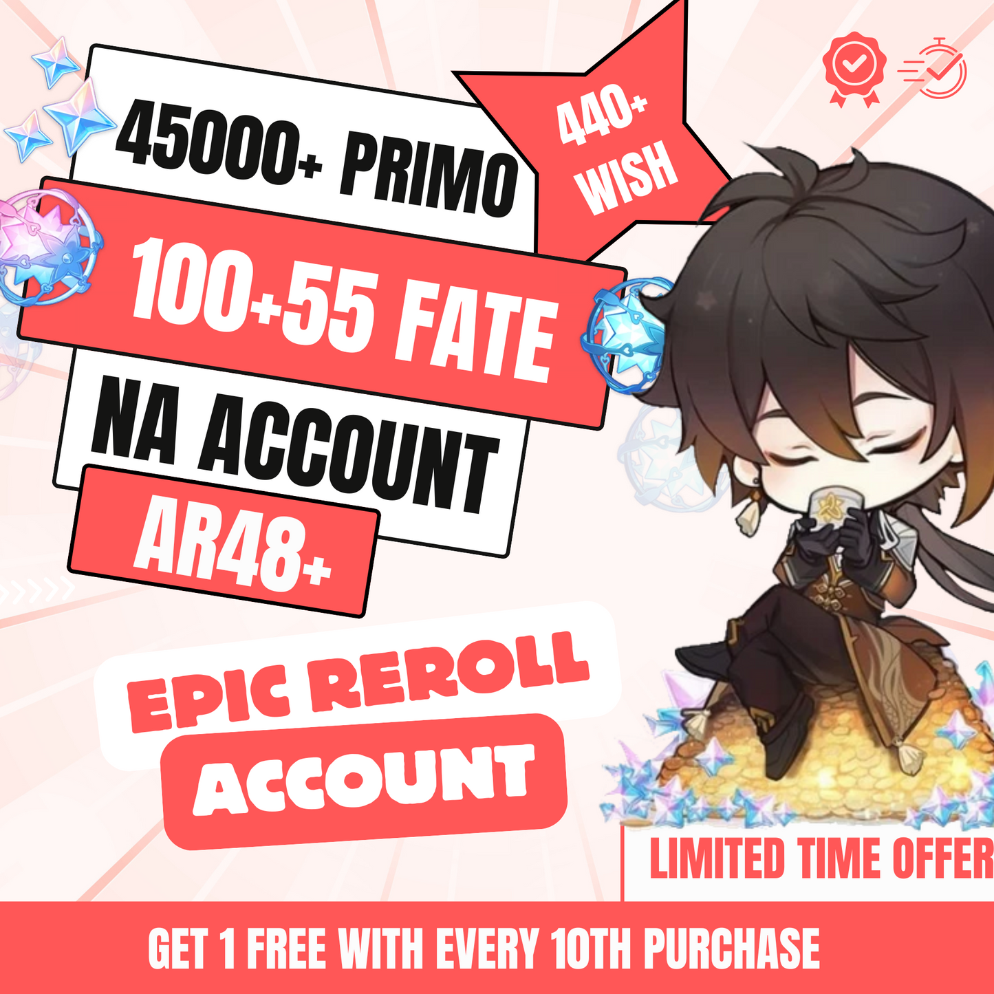 Genshin Impact Epic Reroll Account with 45K Primogems, AR48+, NA Server