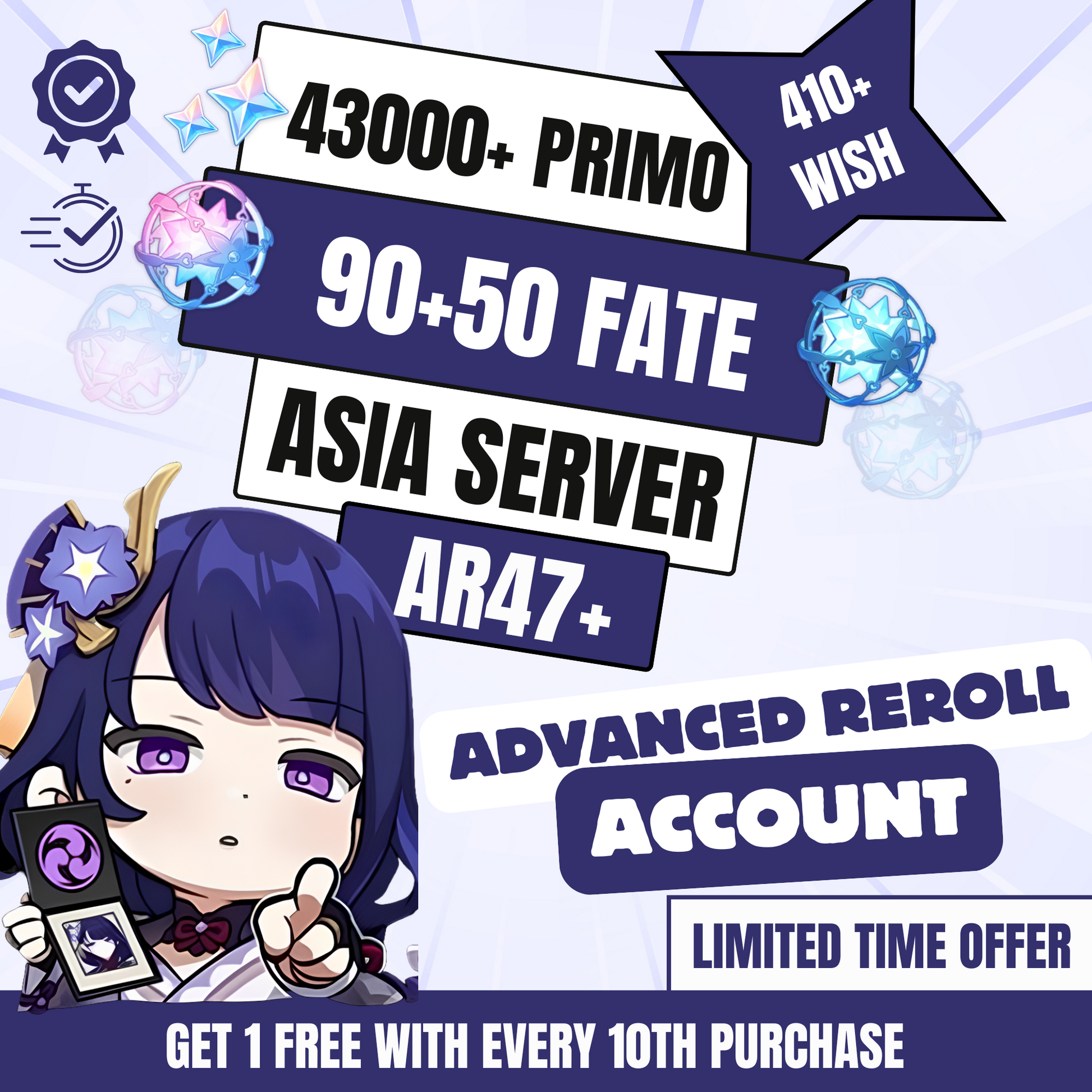 Genshin Impact Advanced Reroll Account with 43K Primogems, AR47+, Asia Server
