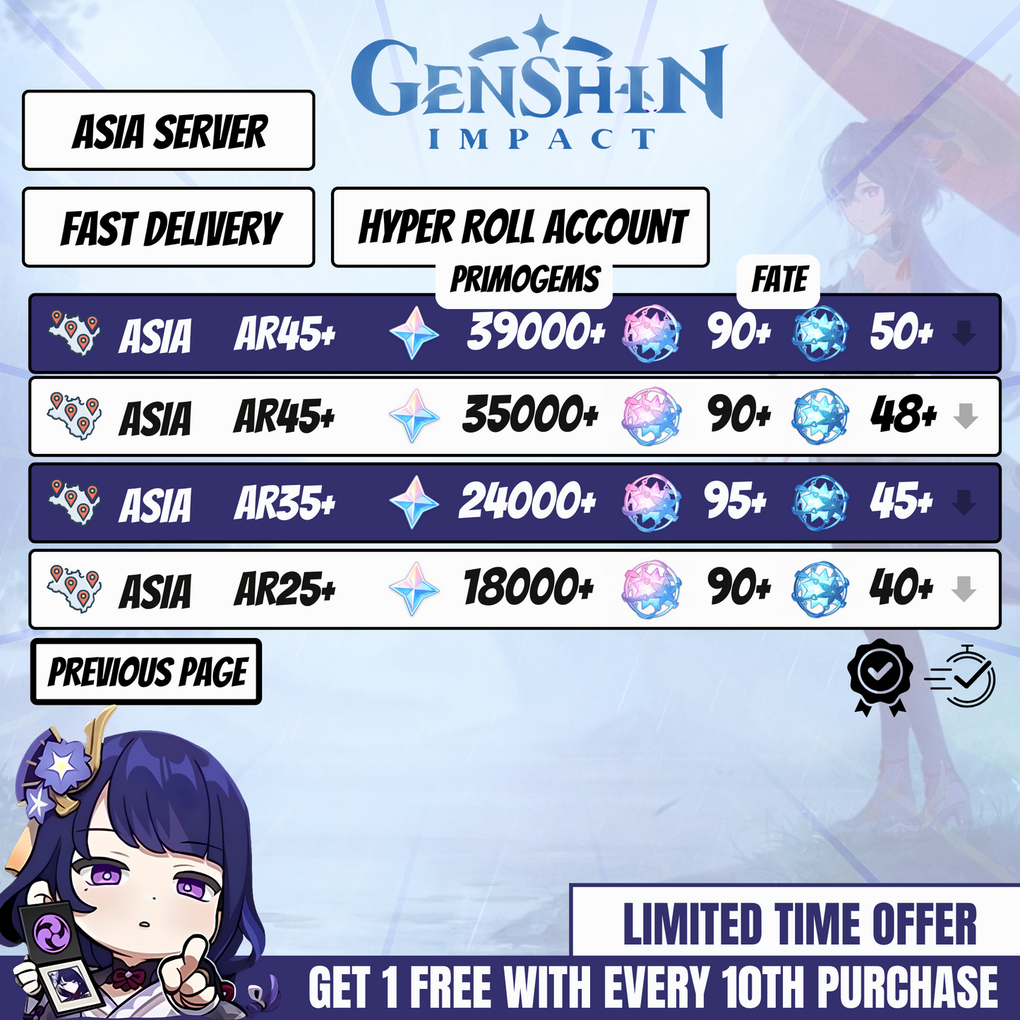 Multiple Genshin Impact Asia reroll account packages with high AR and primogems
