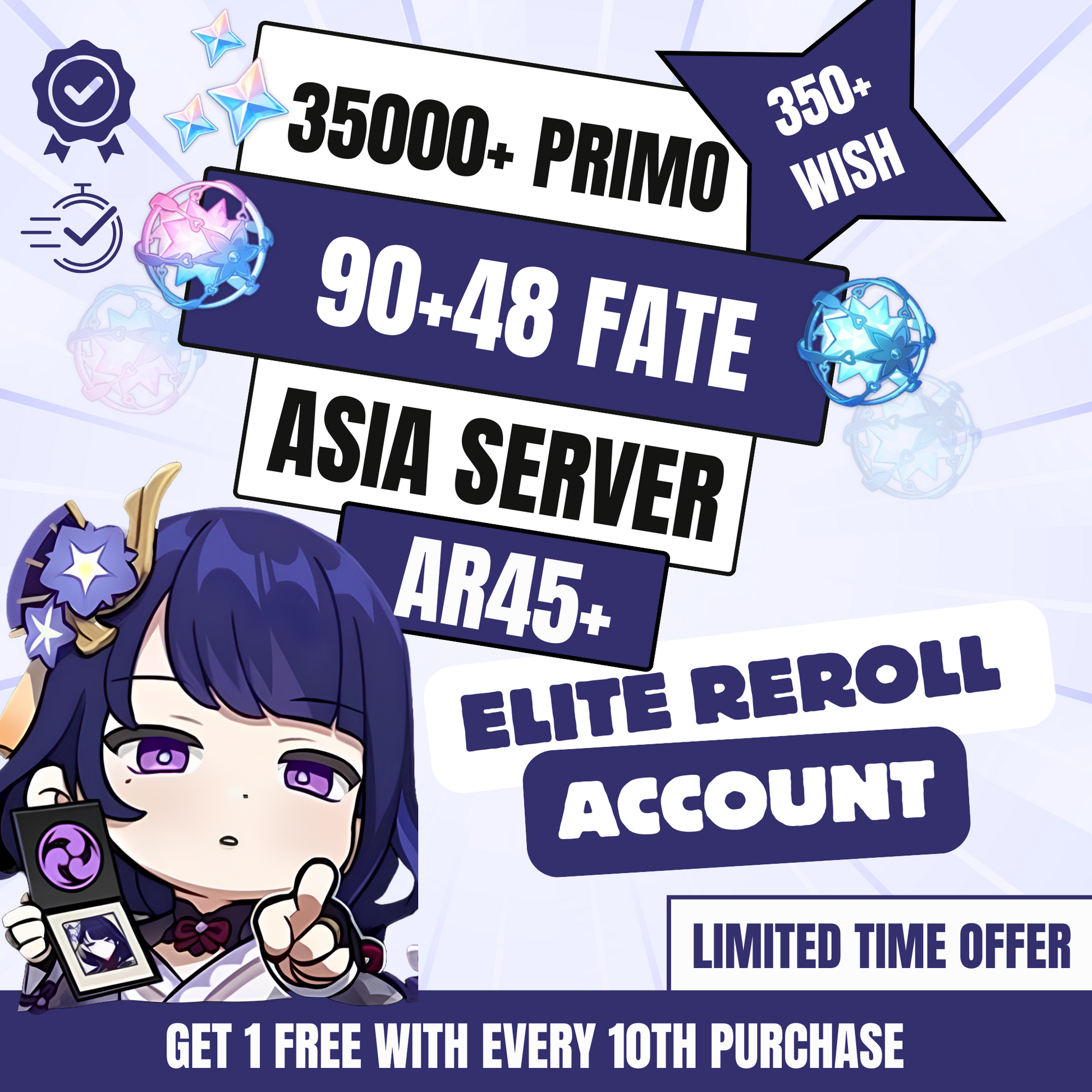Genshin Impact Elite Reroll Account with 35K Primogems, AR45+, Asia Server

