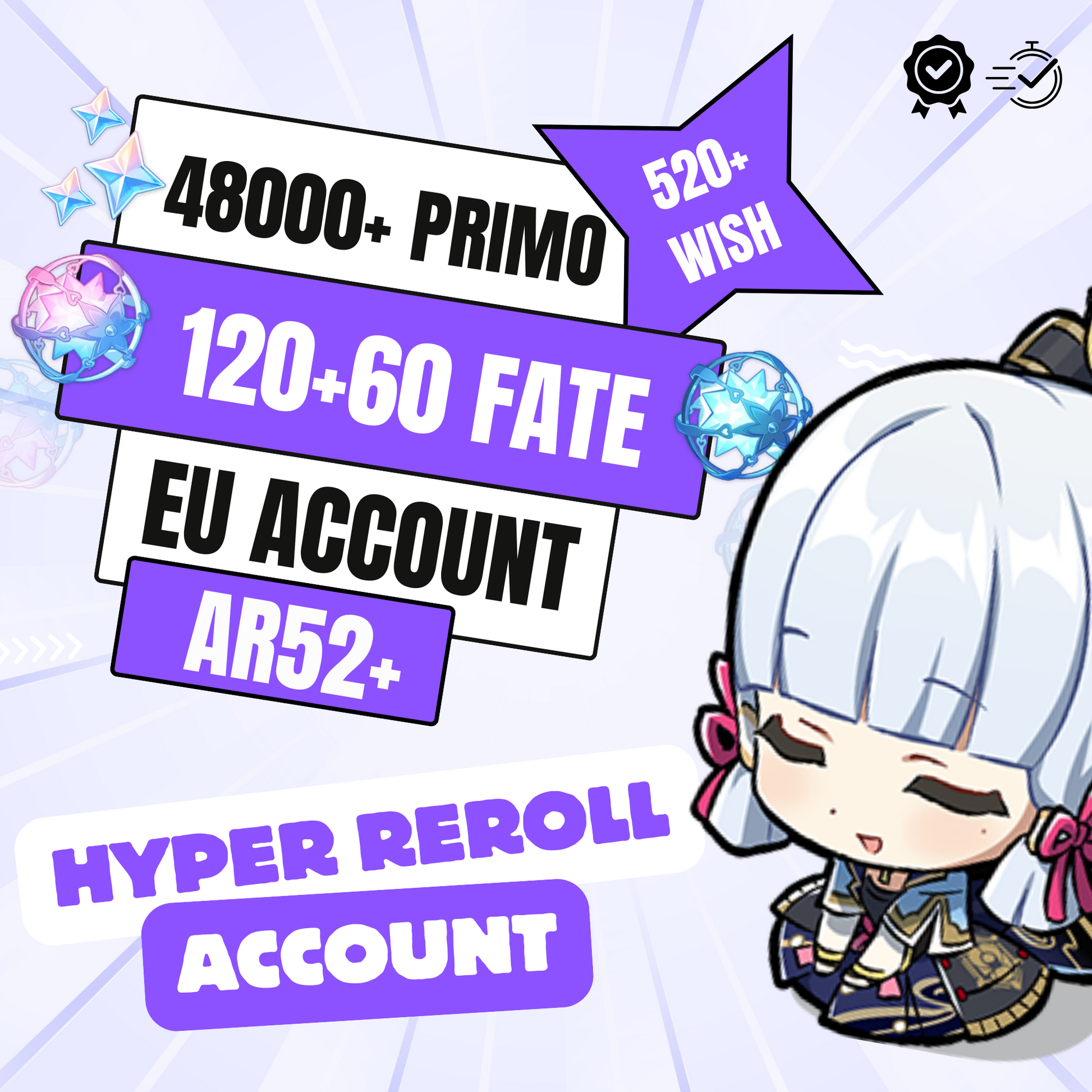 Genshin Impact hyper reroll account with 48K primogems, AR52+, EU server