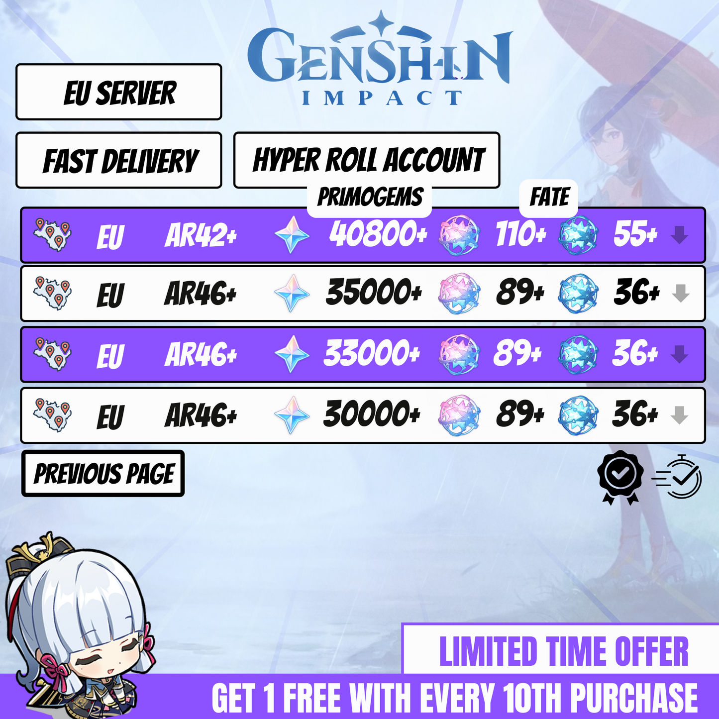 Get a Genshin Impact EU account with a high number of Primogems and Fates. Secure and verified with a linked email, ready to use on iOS, Android, PlayStation, Xbox, and PC.