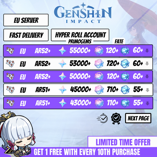 Buy a Genshin Impact EU account with a linked email for full security. Instantly delivered and compatible across all platforms, including iOS, Android, PlayStation, Xbox, and PC.