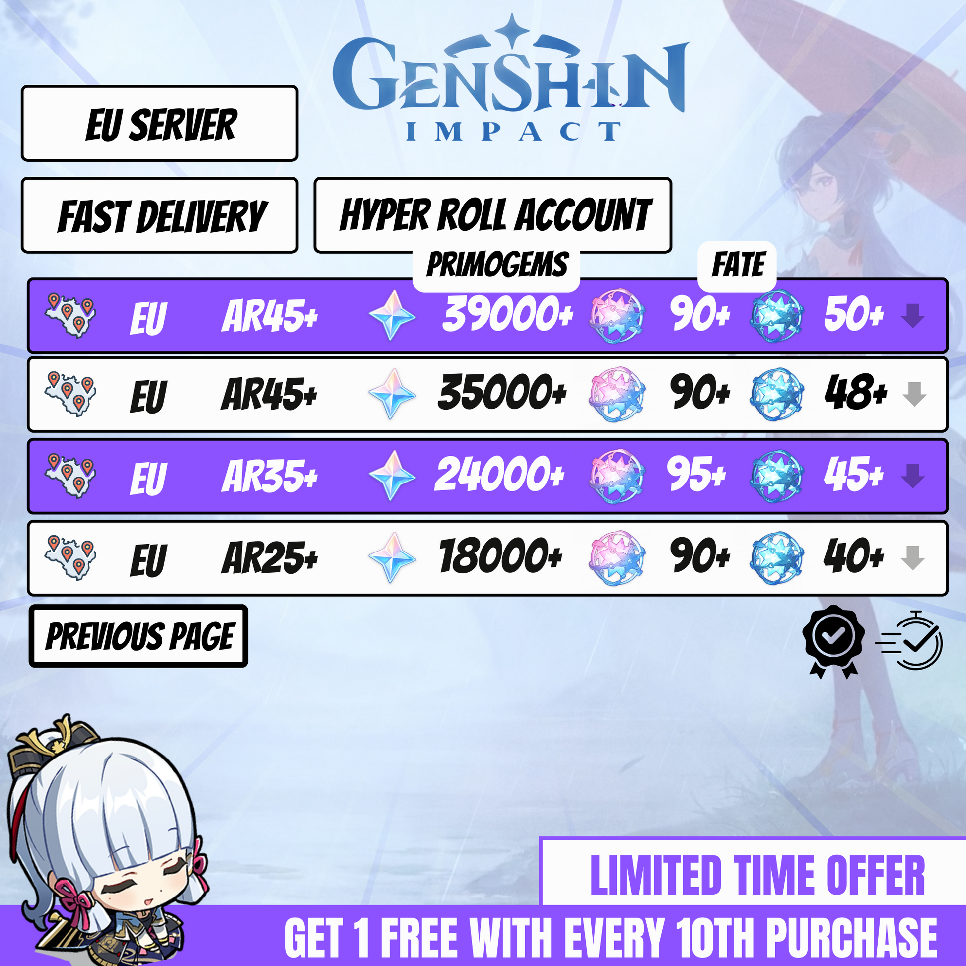 Genshin Impact EU Reroll Account – Fresh starter with top-tier 5-star characters, ideal for a powerful early-game boost.