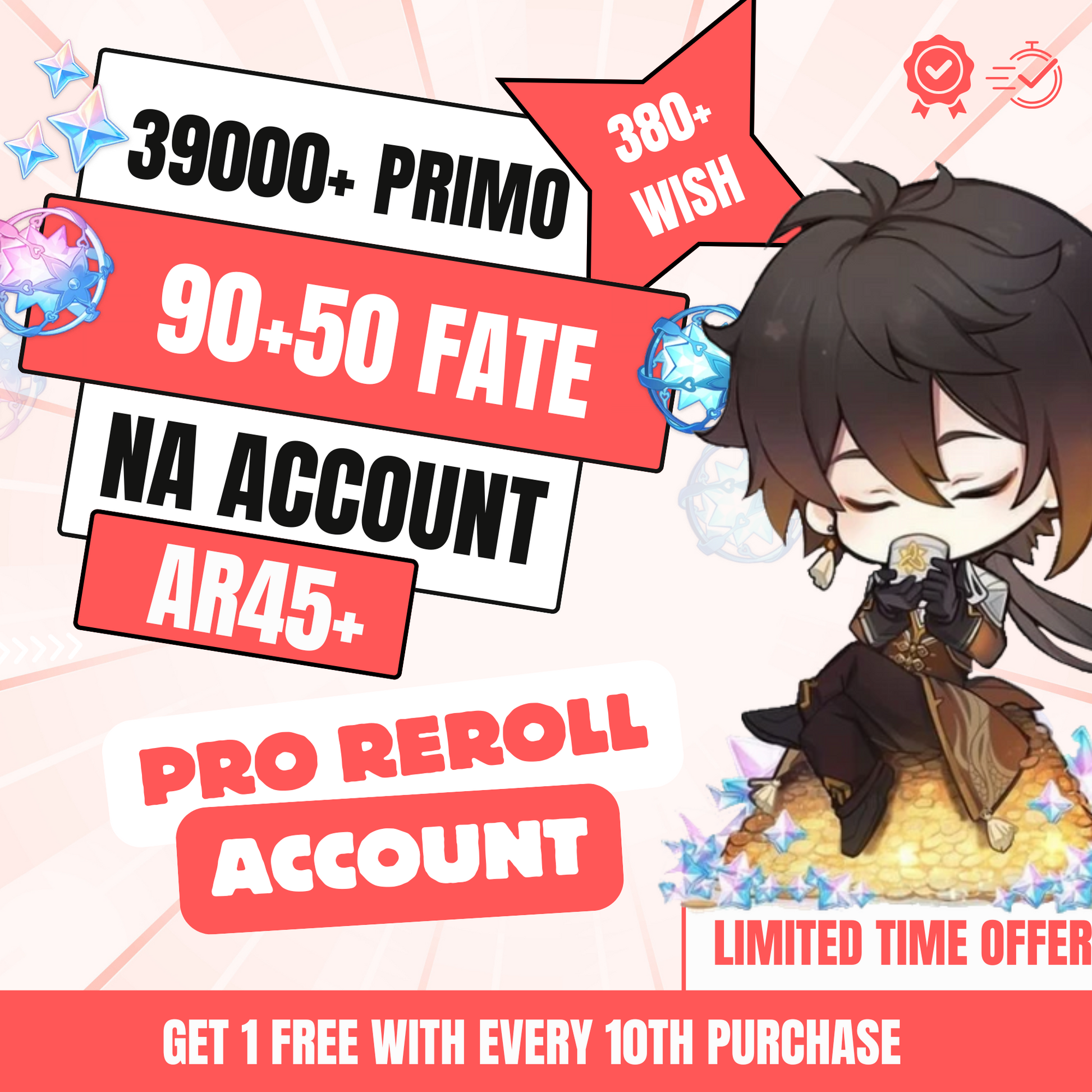 Genshin Impact Pro Reroll Account with 39K Primogems, AR45+, NA Server