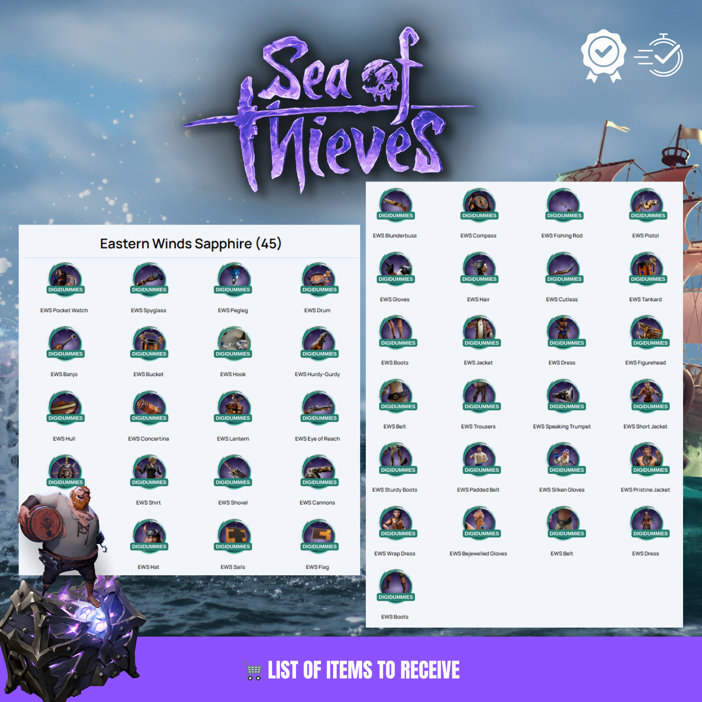 Detailed showcase of 223 rare Sea of Thieves rewards, featuring unique items and limited-edition cosmetics that set you apart on the high seas.