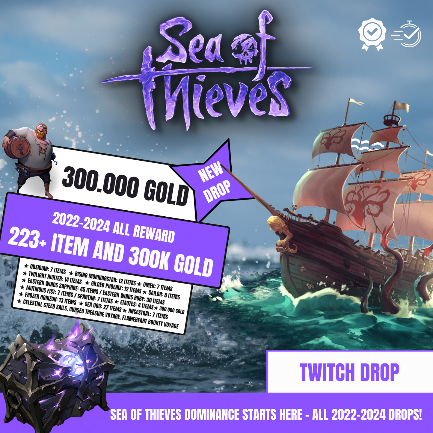 Explore our Sea of Thieves Twitch Drops bundle featuring 223 rare rewards, exclusive cosmetic sets, and bonus gold to elevate your pirate adventure.