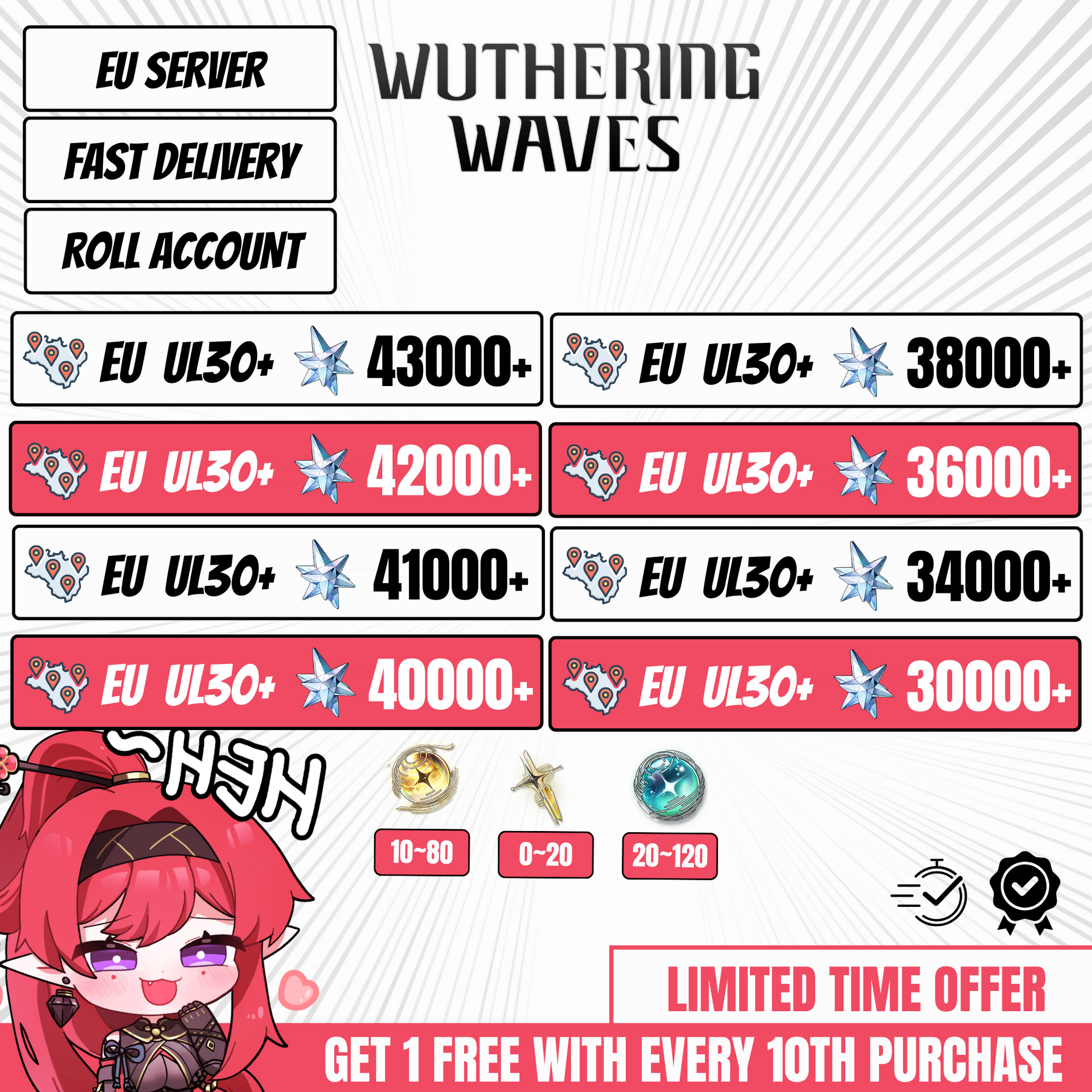 Wuthering Waves EU server reroll accounts with 30K to 41K astrites
